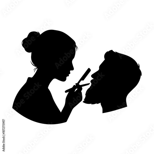 Female barber shaving man's beard with straight razor. Solid black silhouette vector illustration. Minimalist grooming and barber shop icon