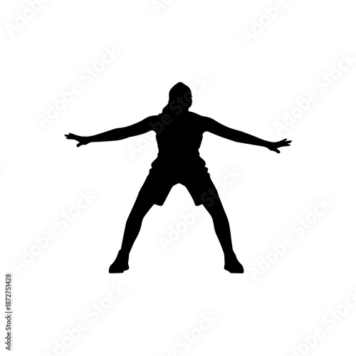 Female basketball player silhouette in defensive stance. Minimalist black vector illustration of woman athlete guarding. Isolated on white background