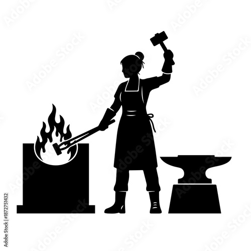 Female blacksmith heating steel in a forge. Black silhouette vector illustration. Metalworking and traditional craft concept. Isolated on white background