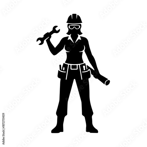 Female construction worker silhouette. Builder woman with wrench and blueprint. Solid black vector illustration isolated on white background. Professional female engineer icon