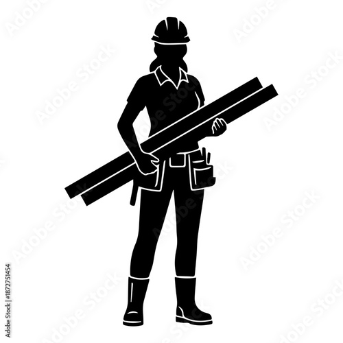 Female construction worker silhouette. Carpenter woman holding wooden planks. Solid black vector illustration isolated on white. Professional builder with hard hat and tool belt