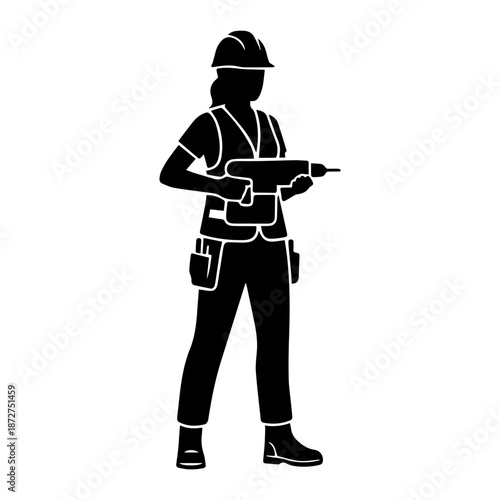 Female construction worker silhouette holding a drill. Professional woman contractor in hard hat and safety vest. Solid black vector illustration isolated on white background