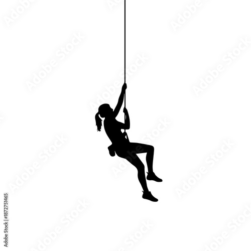Female climber silhouette hanging by a rope. Minimalist vector illustration of rock climbing and rappelling. Solid black shape isolated on white background