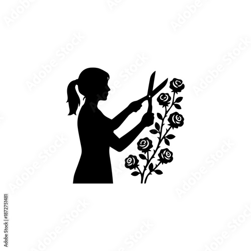 Female gardener pruning roses silhouette. Solid black shape vector illustration. Gardening and landscaping concept isolated on white background
