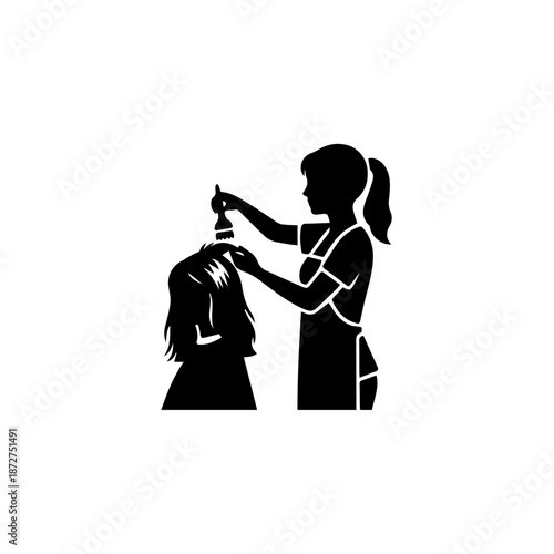 Hairdresser applying hair dye to a client. Solid black silhouette vector illustration. Professional hair salon and beauty treatment icon. Minimalist flat design isolated on white