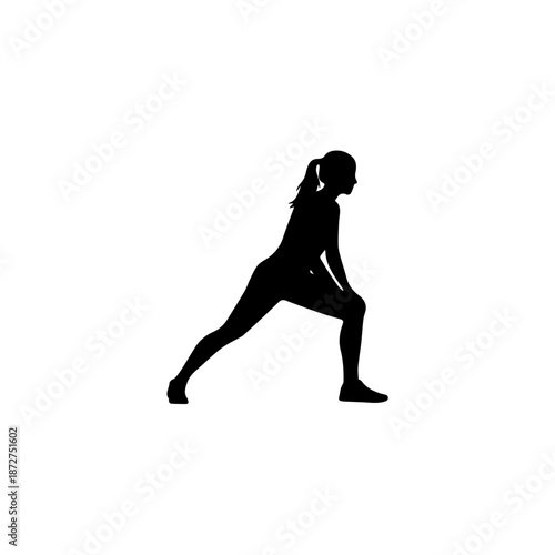 Female athlete silhouette stretching and warming up. Runner performing lunge exercise. Solid black vector illustration isolated on white background