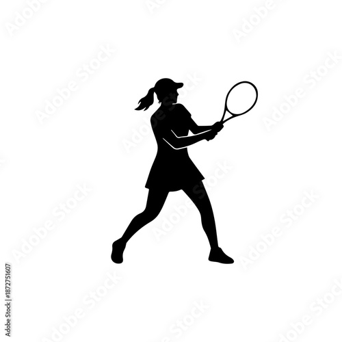 Female tennis player silhouette. Solid black vector illustration of woman athlete returning serve. Minimalist sports graphic isolated on white background