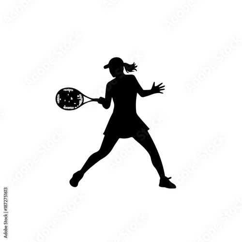 Female tennis player silhouette. Dynamic action pose returning serve. Solid black vector illustration isolated on white background. Minimalist sports graphic for logo and design