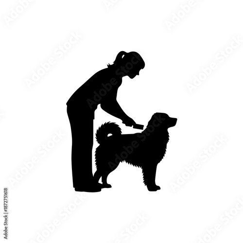 Woman grooming a dog silhouette vector illustration. Black shape of a female groomer brushing dog fur. Pet care and veterinary service icon isolated on white background