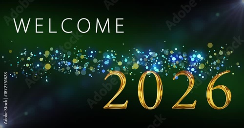 Welcome 2026 cinematic gold text revealing with fairy dust fx 4K.  Festive season digital wishes background animation. Holiday greeting card front design. 3d Render luxury royal themed text reveal.

