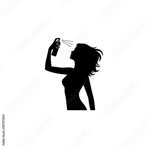 Silhouette of a woman applying hairspray. Minimalist vector illustration of hair styling and grooming. Black shape isolated on white background. Beauty salon and hair care concept