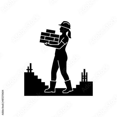 Construction worker woman carrying bricks silhouette. Female mason at building site vector illustration. Flat black shape isolated on white background
