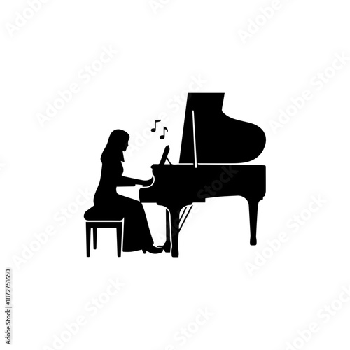 Black silhouette of a woman playing a grand piano. Minimalist vector illustration of a pianist with musical notes. Isolated graphic element for music design