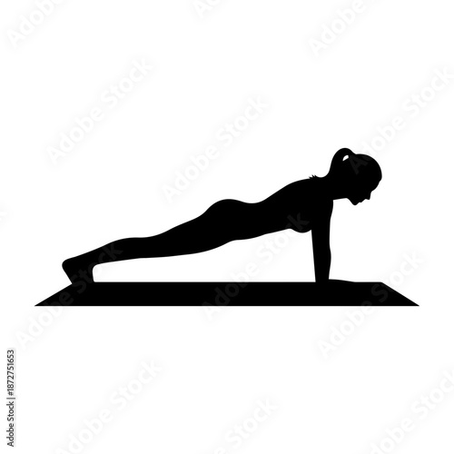 Woman doing plank exercise on yoga mat silhouette. Minimalist flat vector illustration. Fitness and core strength training concept isolated on white background