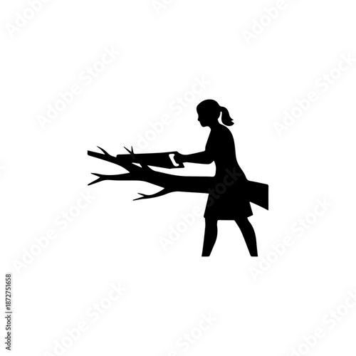 Silhouette of a woman cutting a tree branch with a hand saw. Solid black vector illustration. Gardening and woodworking concept isolated on white background