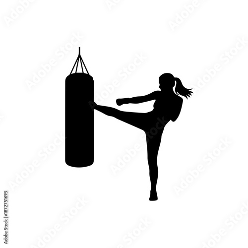 Silhouette of a woman kickboxing a punching bag. Female fighter training illustration. Minimalist vector graphic for gym, fitness, and martial arts concepts.