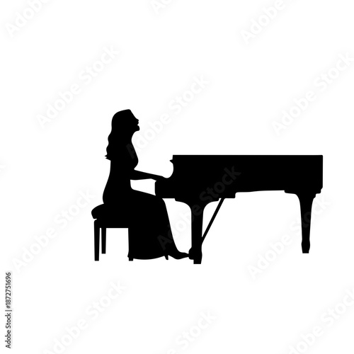 Silhouette of a woman playing a grand piano. Vector illustration of a female pianist musician. Elegant classical music concert icon