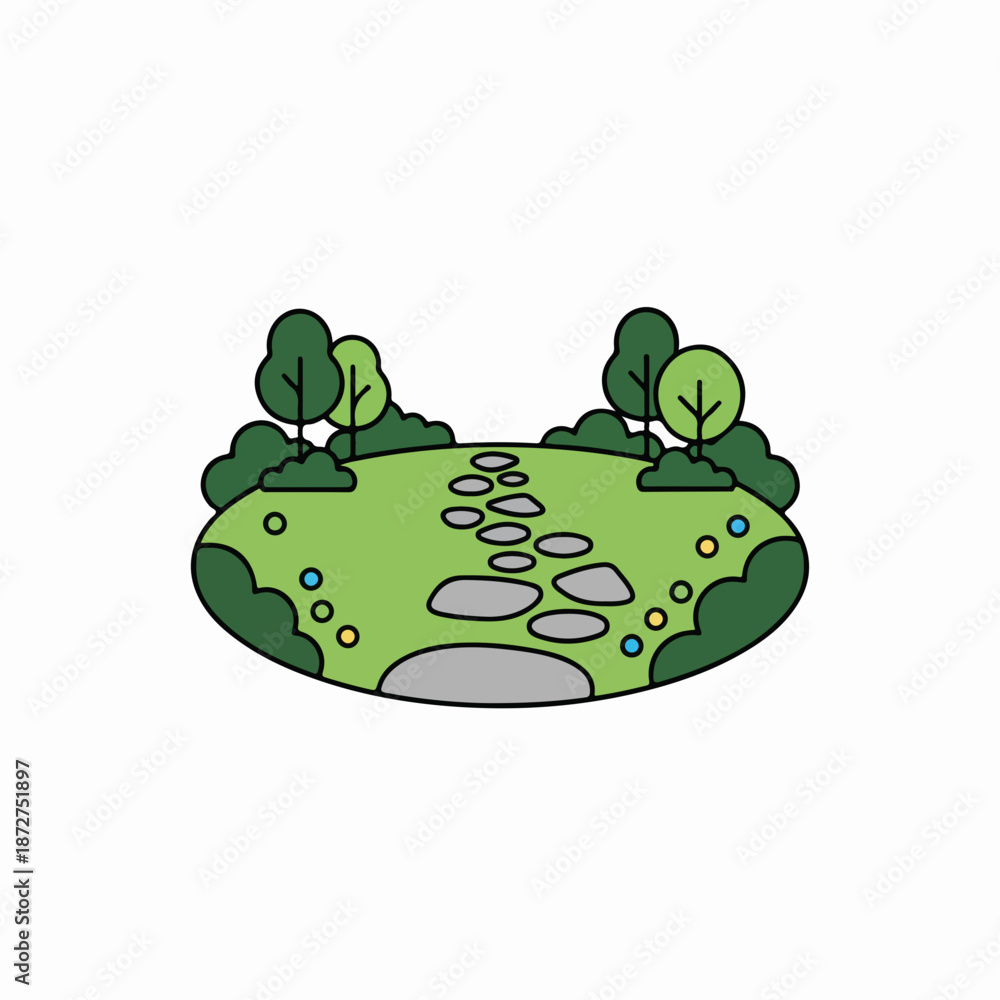Obraz premium Garden path made of stone slabs vector illustration. Winding walkway through a green park with trees. Simple flat design graphic isolated on white background