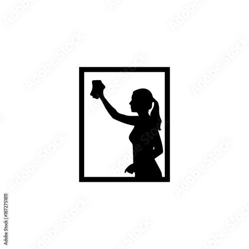 Black silhouette of a woman wiping a window. Housekeeping and cleaning service vector icon. Minimalist flat graphic symbol