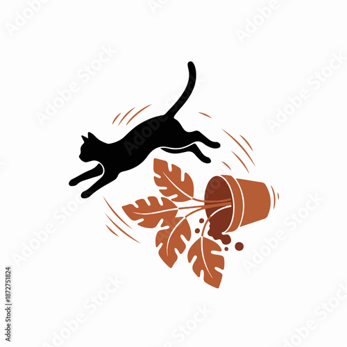 Mischievous cat knocking over a plant pot. Flat design vector illustration of a jumping pet. Domestic animal behavior and accident concept