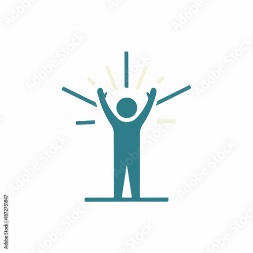 Icon of a person celebrating with arms raised. Minimalist vector graphic symbolizing success, hope, and happiness. Flat design illustration isolated on white background