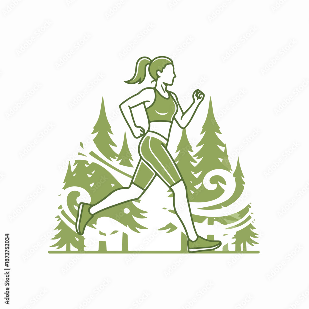 Fototapeta premium Woman jogging in forest line art illustration. Female runner in nature. Fitness and outdoor activity vector graphic