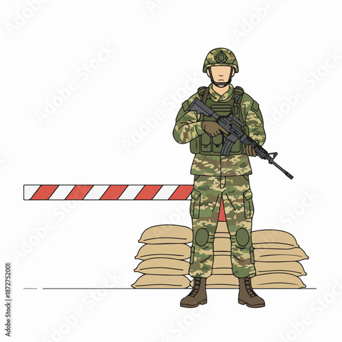 Soldier standing guard at checkpoint. Military personnel vector illustration. Security and border control flat design graphic