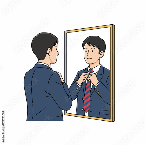 Young man tying tie in mirror. Professional dressing and grooming routine. Vector illustration isolated on white background