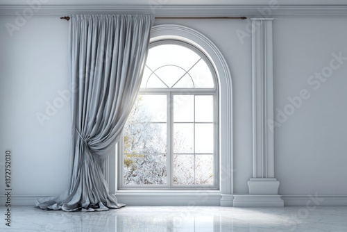 Arched window with silver curtains reveals a snowy winter landscape.