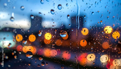 rain droplets on a glass window, city lights bokeh in the background, 