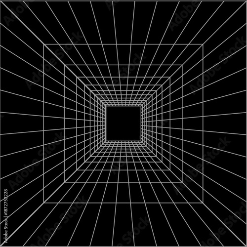 Futuristic perspective grid box. Abstract wireframe with white grid line on black background. Virtual reality landscape in 80s 90s digital style. Vector