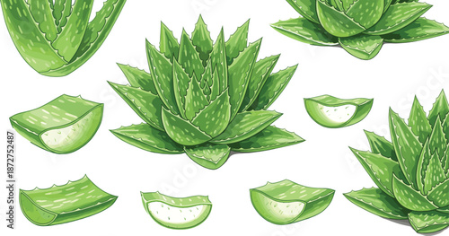 Aloe vera plant set with whole succulent, fresh cut leaves and gel slices, natural botanical vector illustration