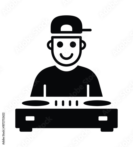 A vector illustration of a happy DJ wearing a cap using a turntable