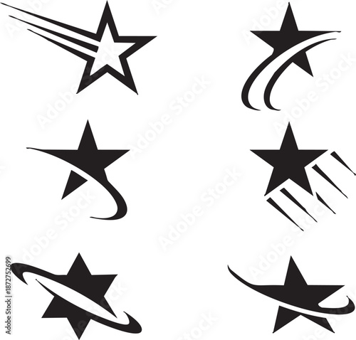 Black star symbols with motion trails white