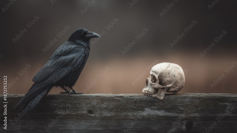Naklejka premium Raven Perched Near Old Skull on Wooden Fence in Moody Outdoor Scene Capturing Gothic Atmosphere