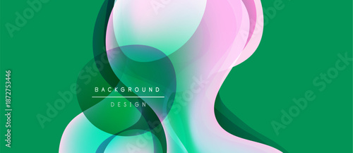 Abstract fluid shapes overlap, creating vibrant color gradients. Green background complements flowing design elements. Modern aesthetic.