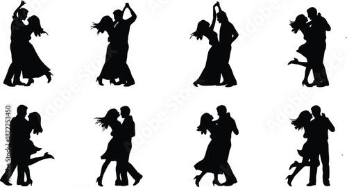 Collection of black silhouette couples dancing in various poses,