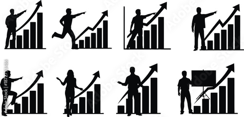 Collection of business people running and pointing to growing bar graphs with arrows.