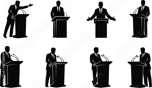 Silhouettes of businessmen standing at podiums with microphones.