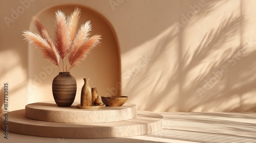 Earth toned pedestal display features dried ornamental grasses in a textured container casting dramatic shadows