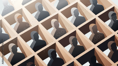 Minimal flat vector illustration of multiple abstract human figures in separate boxes for concepts of organization and individuality with minimal flat design