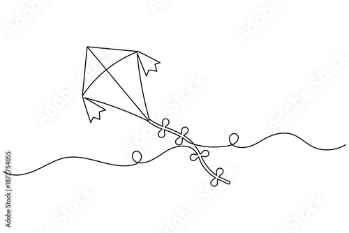 Minimal single line kite drawing with curved string clean vector illustration