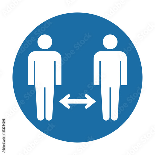 Vector image shows two people maintaining social distance in a blue circle.