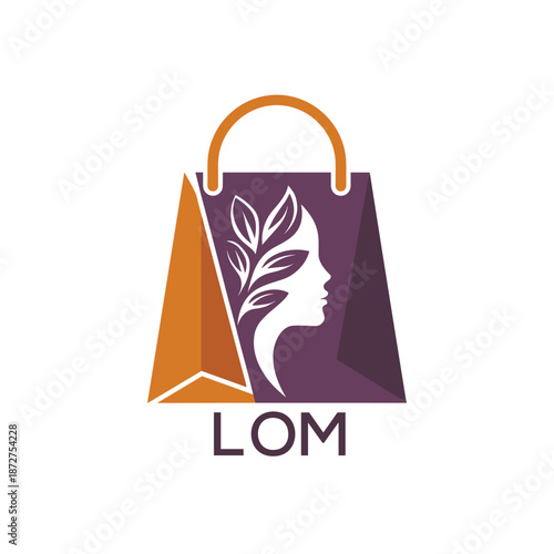 LOM Beauty Boutique Logo. LOM Woman Silhouette. LOM Leaf on Shopping Bag Icon.
