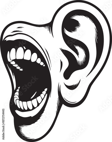 A striking black and white stipple portrait of an open mouth expression