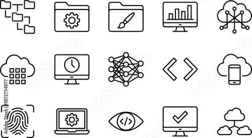Set of data management and cloud computing line icons including file organization, network security, software development, analytics, and digital technology.