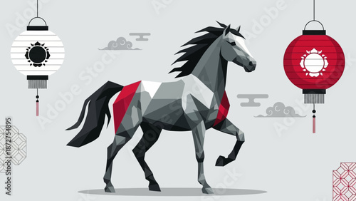 Abstract Geometric Horse Figure with Traditional Asian Lanterns Background