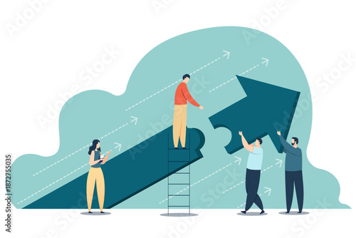 Diverse business team collaborating to assemble a large upward arrow puzzle. A flat art metaphor for teamwork, corporate growth, strategy, and collective success.