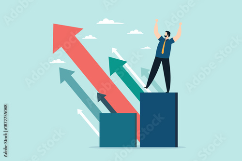 Happy businessman standing on top of a growing bar chart with multiple upward arrows, symbolizing achievement, financial growth, and career success.