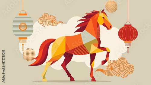 Stylized Geometric Horse Design for Lunar New Year Celebration Background